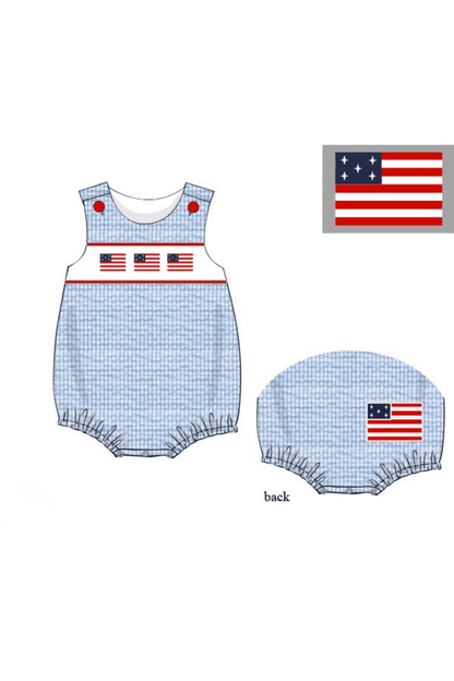The Smocked Flamingo Apparel & Accessories Pre-Order Smocked American Flag Blue Seersucker Bubble