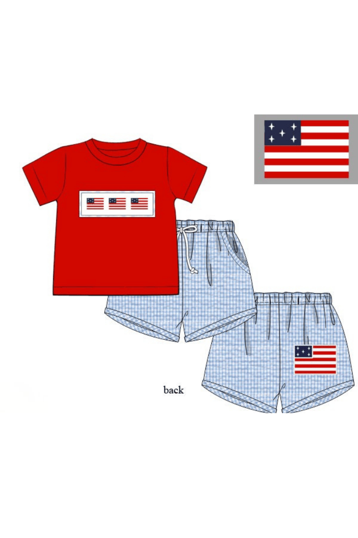 The Smocked Flamingo Apparel & Accessories Pre-Order Smocked American Flag Blue Seersucker Short Set
