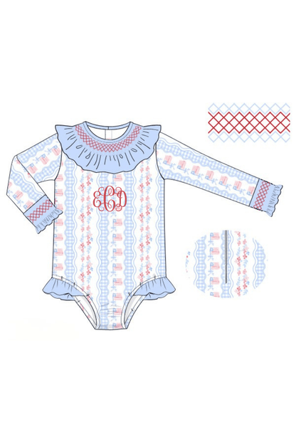 The Smocked Flamingo Apparel & Accessories Pre-Order Smocked American Flag Swimsuit