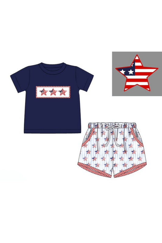 The Smocked Flamingo Apparel & Accessories Pre-Order Smocked American Stars Navy/Red Short Set