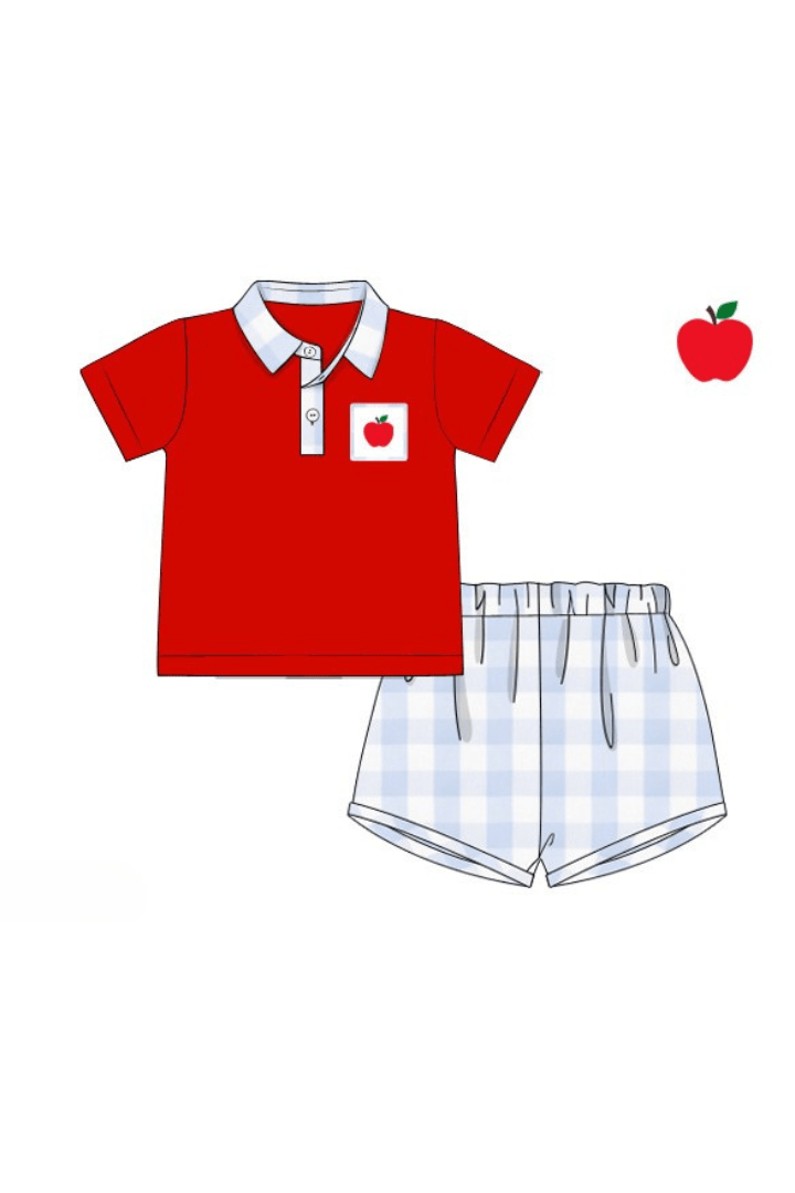The Smocked Flamingo Apparel & Accessories Pre-Order Smocked Apple Red/Blue Gingham Polo Short Set