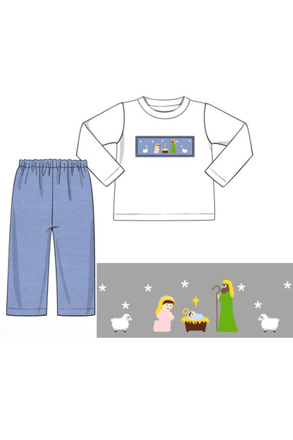 The Smocked Flamingo Apparel & Accessories Pre-Order Smocked Away In a Manger Blue Velvet Pant Set