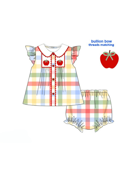 The Smocked Flamingo Apparel & Accessories Pre-Order Smocked Back To School Plaid Apple Bloomer Set