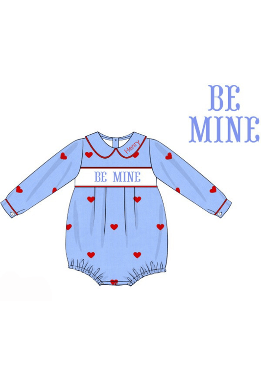 The Smocked Flamingo Apparel & Accessories Pre-Order Smocked Be Mine Embroidered Heart Blue Corduroy Bubble