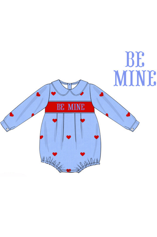 The Smocked Flamingo Apparel & Accessories Pre-Order Smocked Be Mine Embroidered Heart Blue Corduroy Bubble