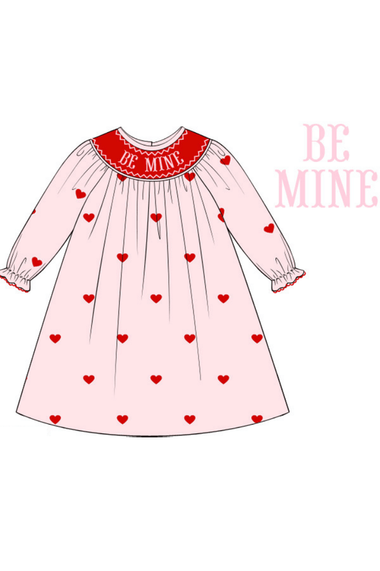 The Smocked Flamingo Apparel & Accessories Pre-Order Smocked Be Mine Embroidered Heart Pink Bishop Dress