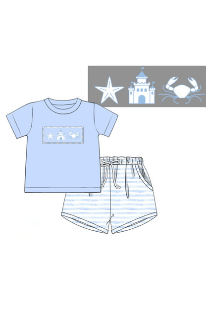 The Smocked Flamingo Apparel & Accessories Pre-Order Smocked Beach Fun Blue Stripe Short Set