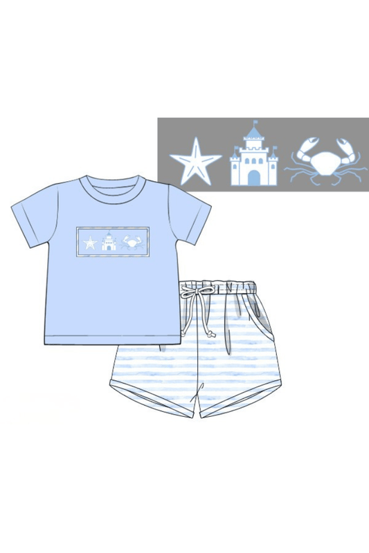 The Smocked Flamingo Apparel & Accessories Pre-Order Smocked Beach Fun Blue Stripe Short Set