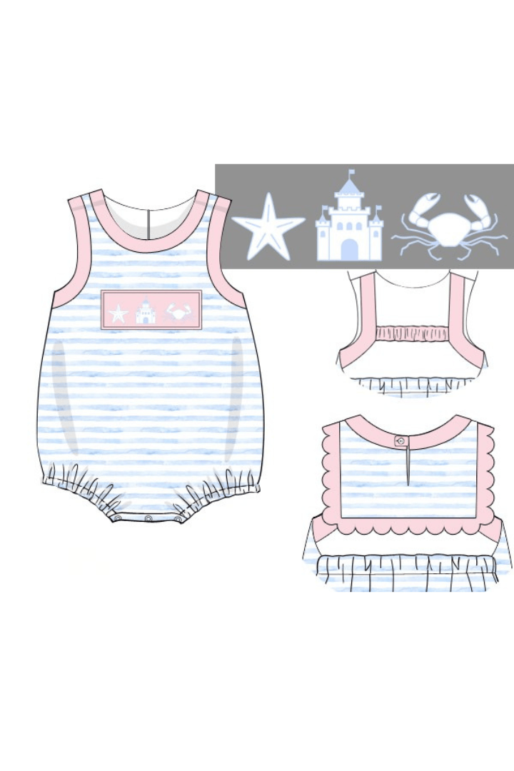 The Smocked Flamingo Apparel & Accessories Pre-Order Smocked Beach Fun Pink/Blue Stripe Bubble