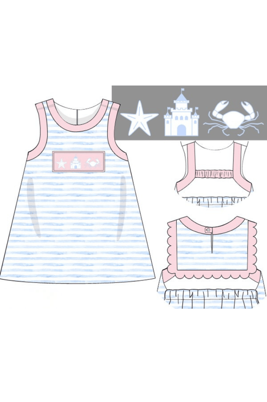 The Smocked Flamingo Apparel & Accessories Pre-Order Smocked Beach Fun Pink/Blue Stripe Dress
