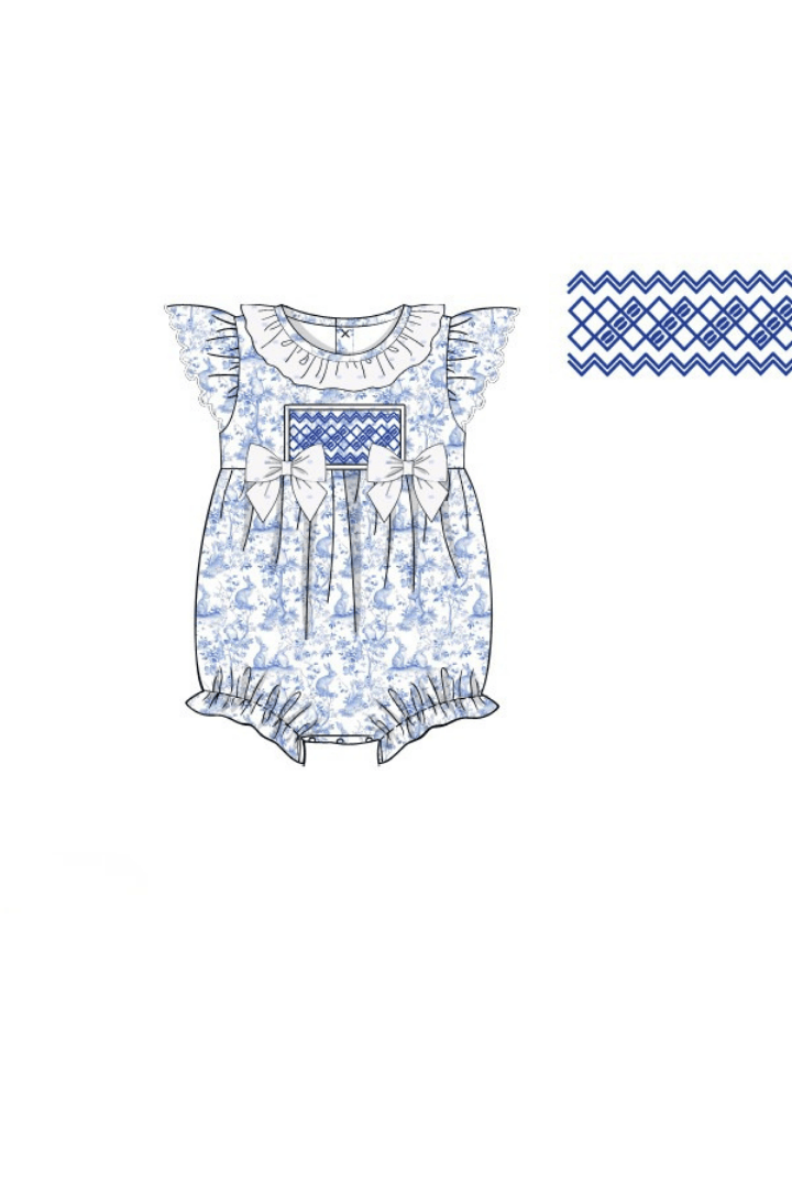 The Smocked Flamingo Apparel & Accessories Pre-Order Smocked Blue Bunny Toile Bubble