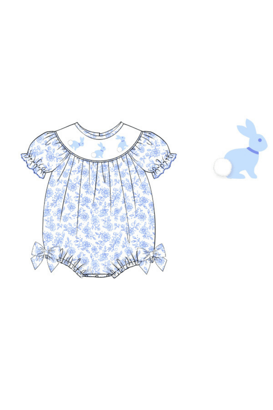 The Smocked Flamingo Apparel & Accessories Pre-Order Smocked Blue Floral Bishop Bunny Bow Bubble