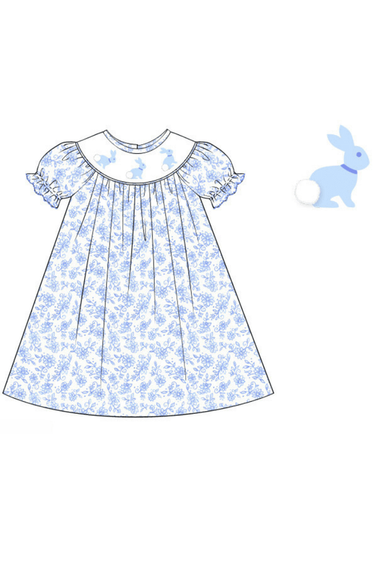 The Smocked Flamingo Apparel & Accessories Pre-Order Smocked Blue Floral Bishop Bunny Bow Bubble Dress