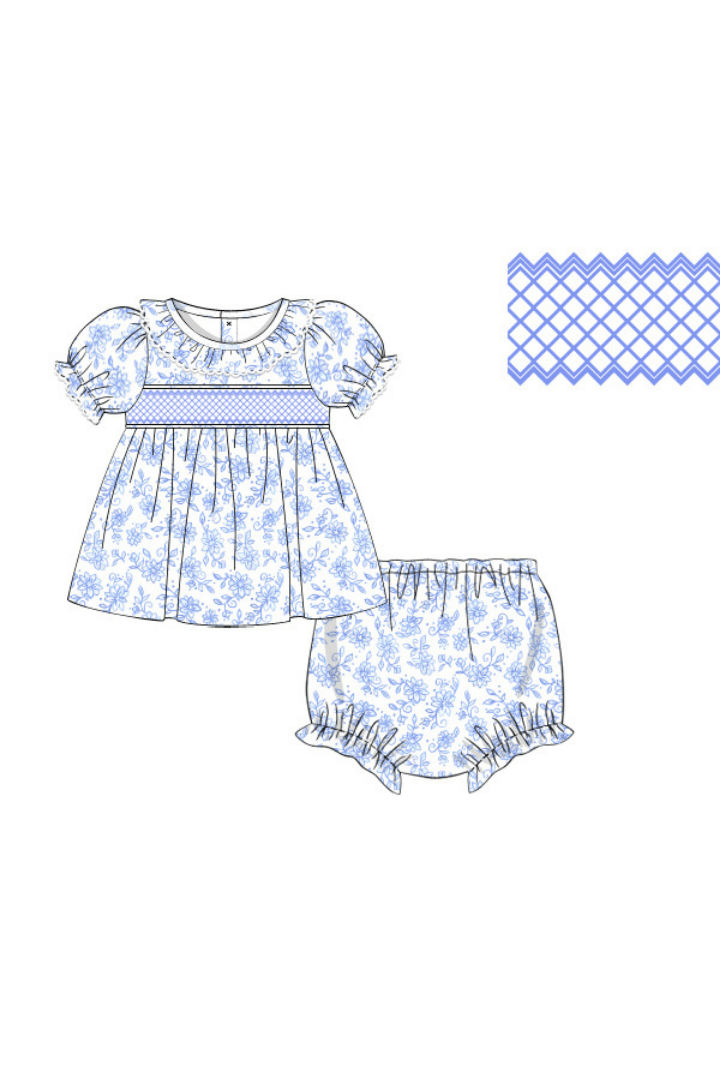 The Smocked Flamingo Apparel & Accessories Pre-Order Smocked Blue Floral Heirloom Bloomer Set