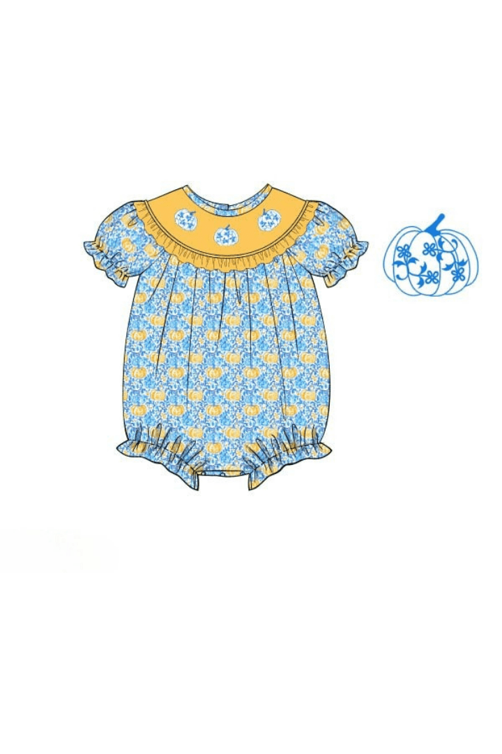The Smocked Flamingo Apparel & Accessories Pre-Order Smocked Blue Floral Pumpkin Bishop Bubble