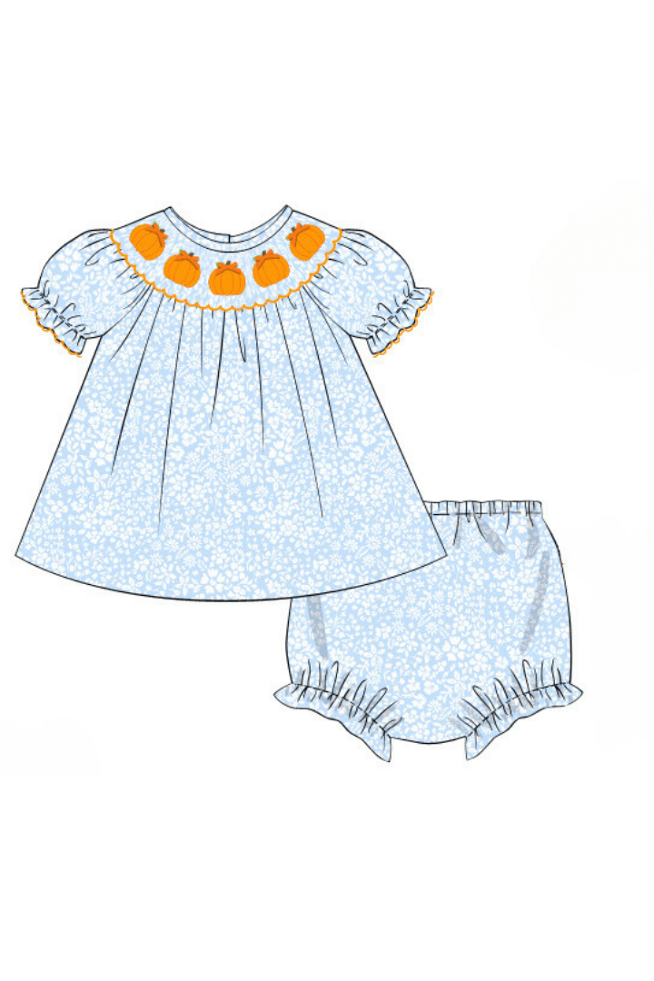 The Smocked Flamingo Apparel & Accessories Pre-Order Smocked Blue Floral Pumpkin Bloomer Set