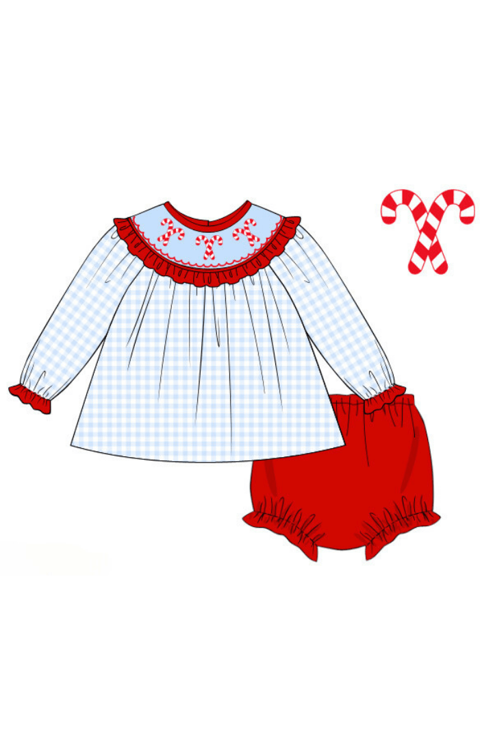 The Smocked Flamingo Apparel & Accessories Pre-Order Smocked Blue Gingham Candy Cane Bishop Bloomer Set