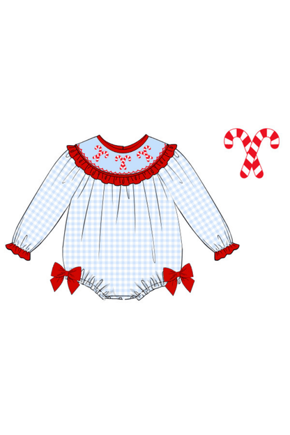 The Smocked Flamingo Apparel & Accessories Pre-Order Smocked Blue Gingham Candy Cane Bishop Bubble