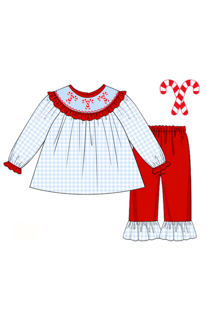 The Smocked Flamingo Apparel & Accessories Pre-Order Smocked Blue Gingham Candy Cane Bishop Pant Set