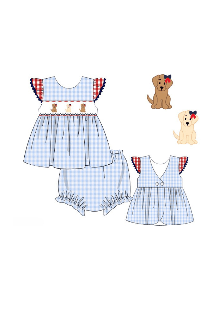 The Smocked Flamingo Apparel & Accessories Pre-Order Smocked Blue Gingham Patriotic Pup Bloomer Set