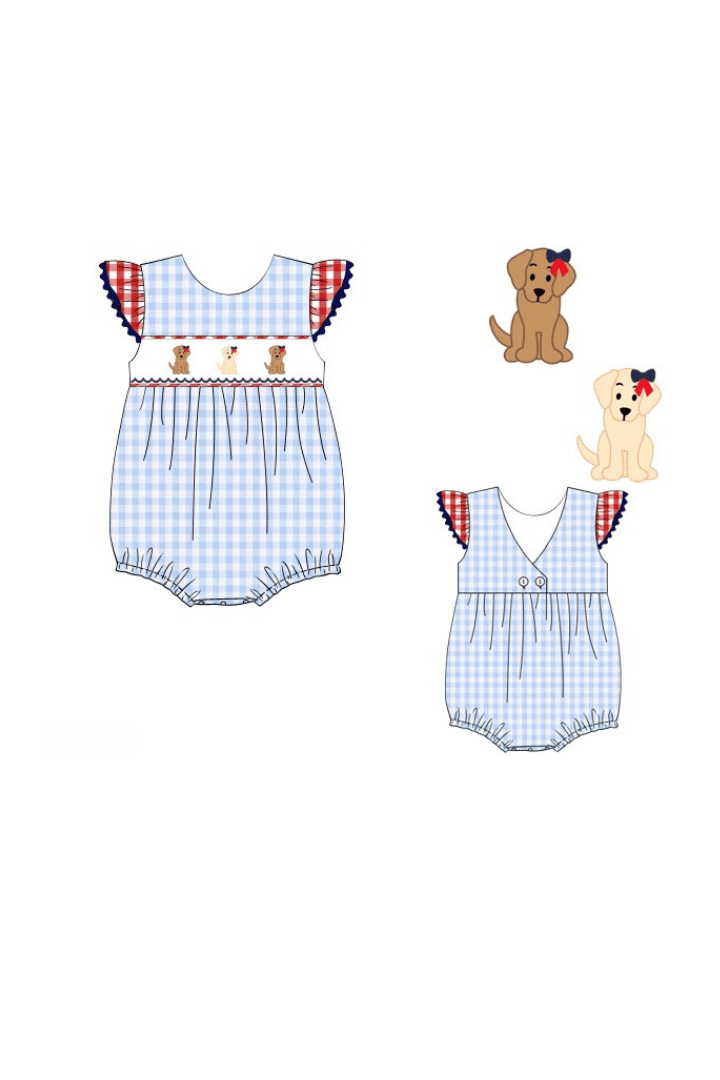 The Smocked Flamingo Apparel & Accessories Pre-Order Smocked Blue Gingham Patriotic Pup Bubble