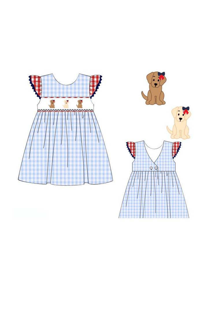 The Smocked Flamingo Apparel & Accessories Pre-Order Smocked Blue Gingham Patriotic Pup Dress