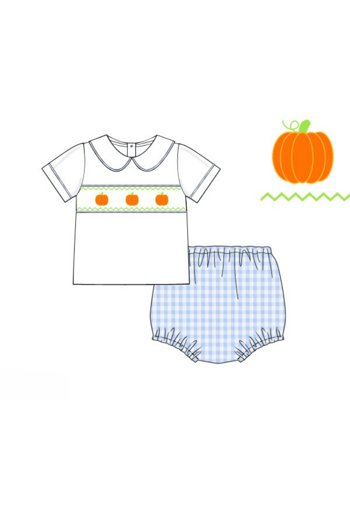 The Smocked Flamingo Apparel & Accessories Pre-Order Smocked Blue Gingham Pumpkin Diaper Set