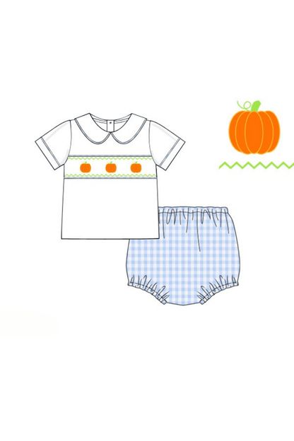 The Smocked Flamingo Apparel & Accessories Pre-Order Smocked Blue Gingham Pumpkin Diaper Set