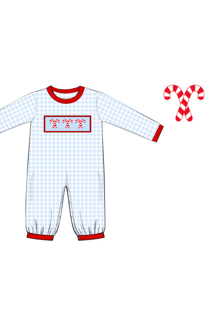 The Smocked Flamingo Apparel & Accessories Pre-Order Smocked Blue Gingham Red Knit Candy Cane Romper