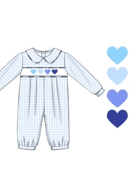 The Smocked Flamingo Apparel & Accessories Pre-Order Smocked Blue Heart Gingham Romper