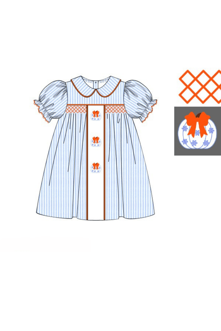 The Smocked Flamingo Apparel & Accessories Pre-Order Smocked Blue Pinstripe Pumpkin Dress