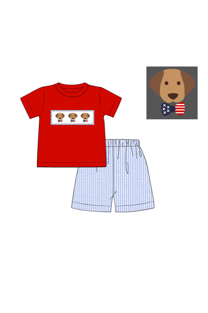 The Smocked Flamingo Apparel & Accessories Pre-Order Smocked Blue/Red Seersucker Patriotic Pup Short Set