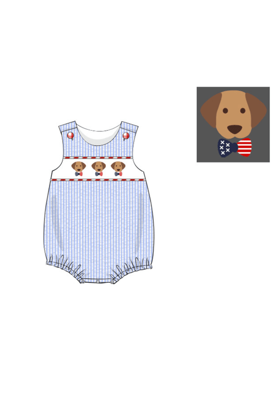 The Smocked Flamingo Apparel & Accessories Pre-Order Smocked Blue Seersucker Patriotic Pup Bubble