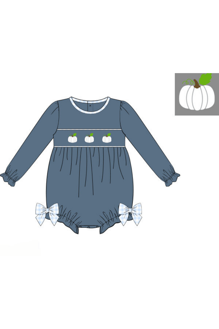 The Smocked Flamingo Apparel & Accessories Pre-Order Smocked Blue Stone Pumpkin Bow Bubble