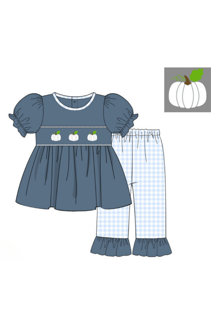 The Smocked Flamingo Apparel & Accessories Pre-Order Smocked Blue Stone Pumpkin Pant Set