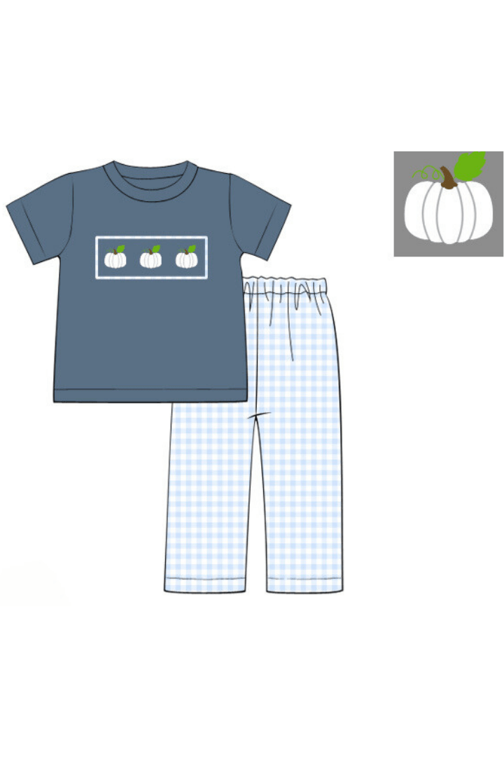 The Smocked Flamingo Apparel & Accessories Pre-Order Smocked Blue Stone Pumpkin Pant Set