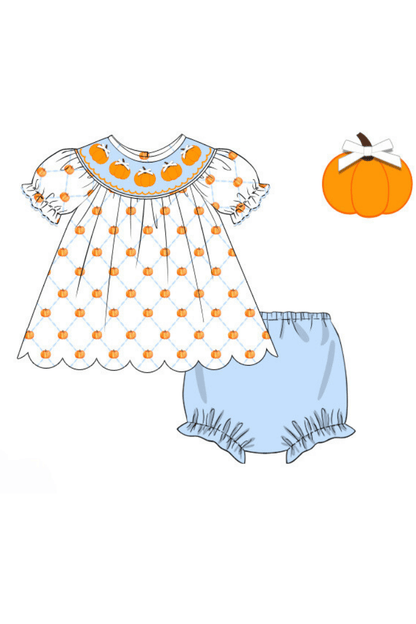 The Smocked Flamingo Apparel & Accessories Pre-Order Smocked Blue Trellis Pumpkin Bloomer Set