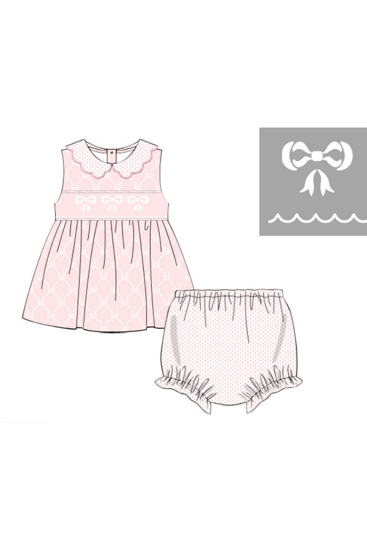 The Smocked Flamingo Apparel & Accessories Pre-Order Smocked Bow Pink trellis Knit Bloomer Set