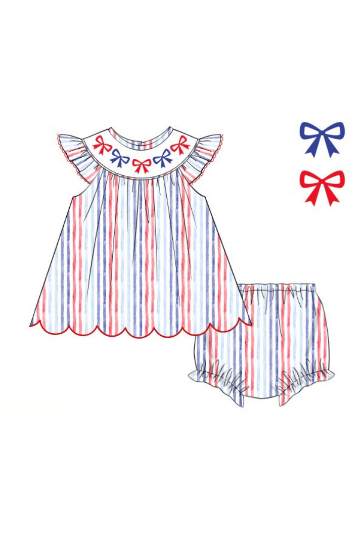 The Smocked Flamingo Apparel & Accessories Pre-Order Smocked Bow Red White and Blue Bishop Bloomer Set