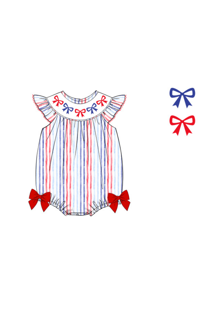 The Smocked Flamingo Apparel & Accessories Pre-Order Smocked Bow Red White and Blue Bishop Bubble