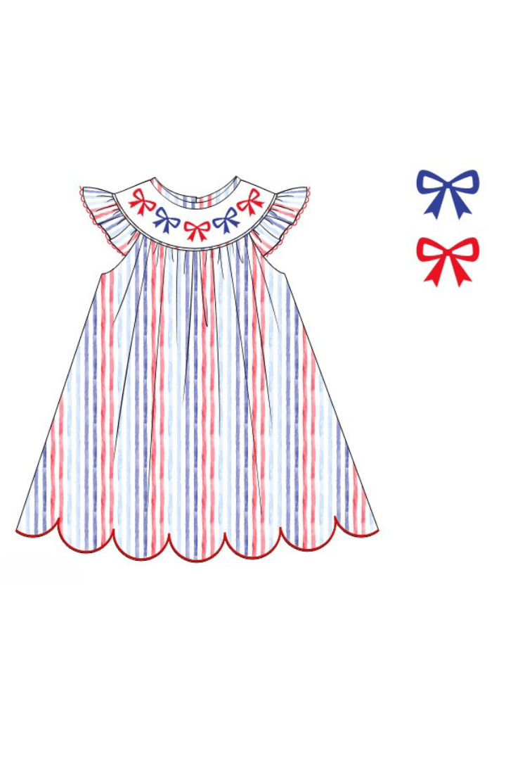 The Smocked Flamingo Apparel & Accessories Pre-Order Smocked Bow Red White and Blue Bishop Dress