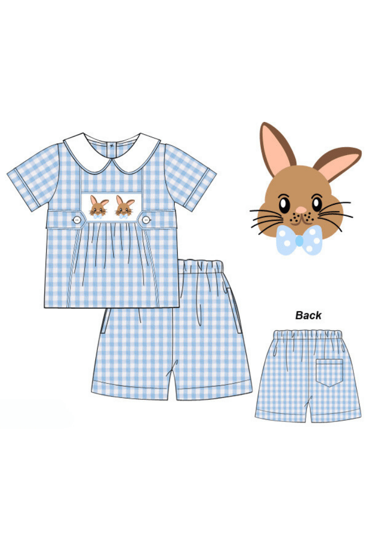 The Smocked Flamingo Apparel & Accessories Pre-Order Smocked Bow Tie Bunny Blue Gingham Short Set