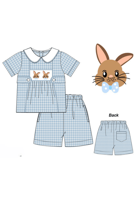 The Smocked Flamingo Apparel & Accessories Pre-Order Smocked Bow Tie Bunny Blue Seersucker Short Set