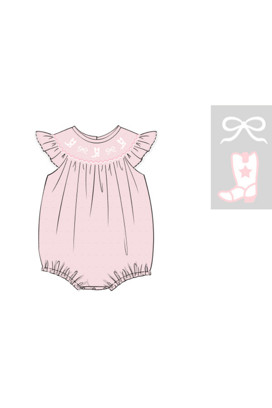 The Smocked Flamingo Apparel & Accessories Pre-Order Smocked Bows and Boots Pink Swiss Dot Bubble