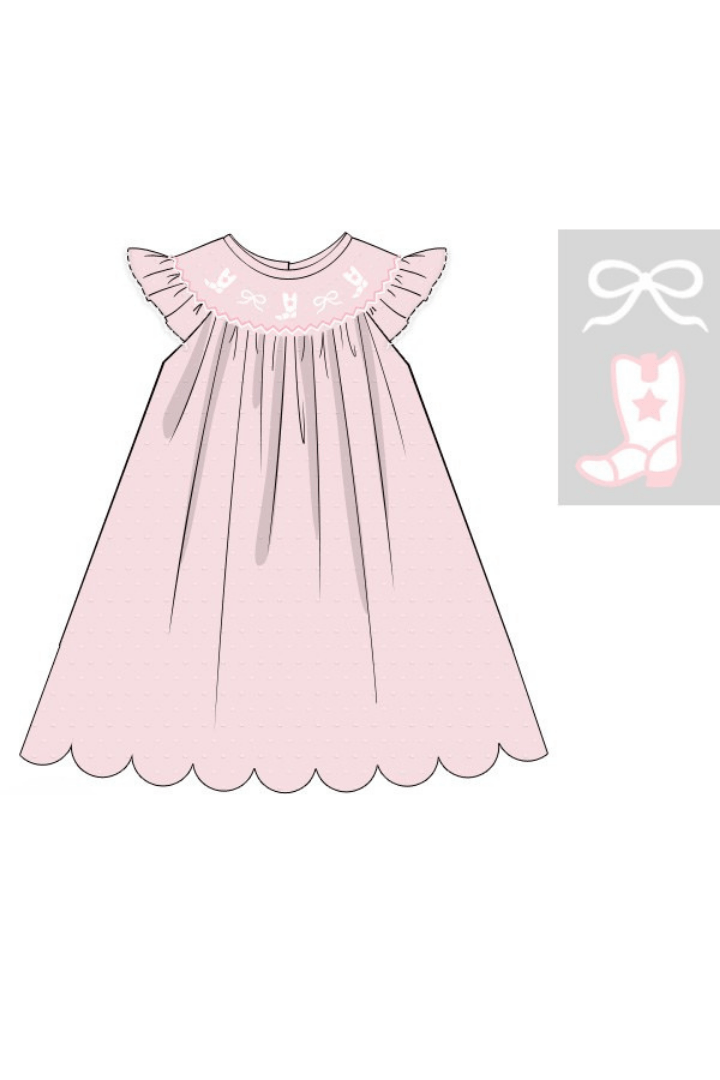 The Smocked Flamingo Apparel & Accessories Pre-Order Smocked Bows and Boots Pink Swiss Dot Scalloped Dress