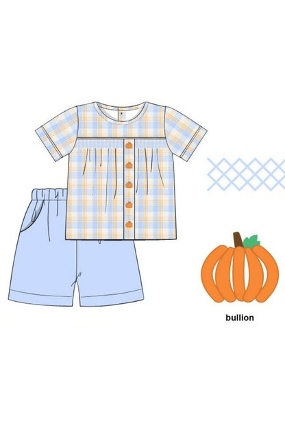 The Smocked Flamingo Apparel & Accessories Pre-Order Smocked Bullion Pumpkin Blue and Orange Short Set