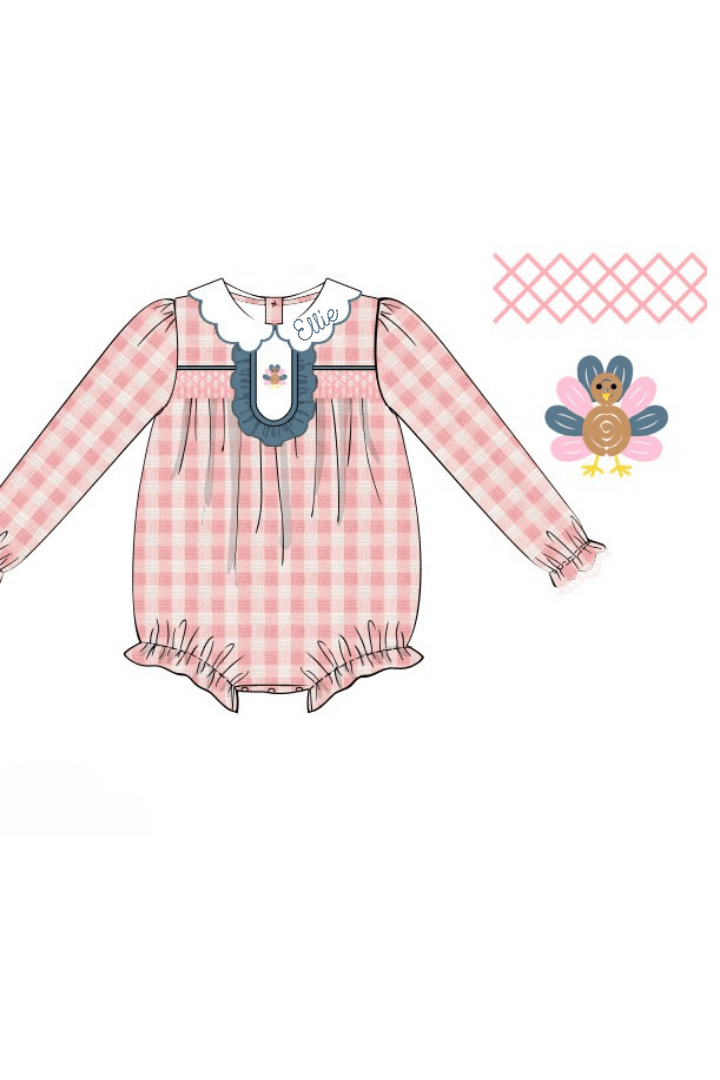 The Smocked Flamingo Apparel & Accessories Pre-Order Smocked Bullion Turkey Pink Linen Gingham Ruffle Bubble