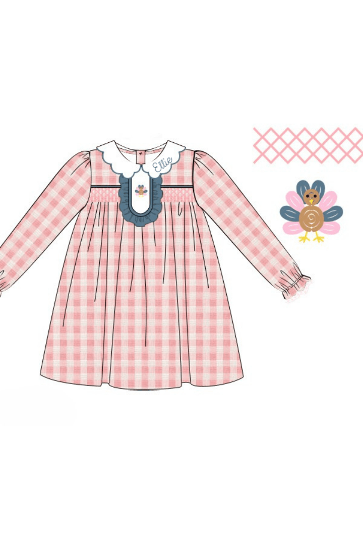 The Smocked Flamingo Apparel & Accessories Pre-Order Smocked Bullion Turkey Pink Linen Gingham Ruffle Dress