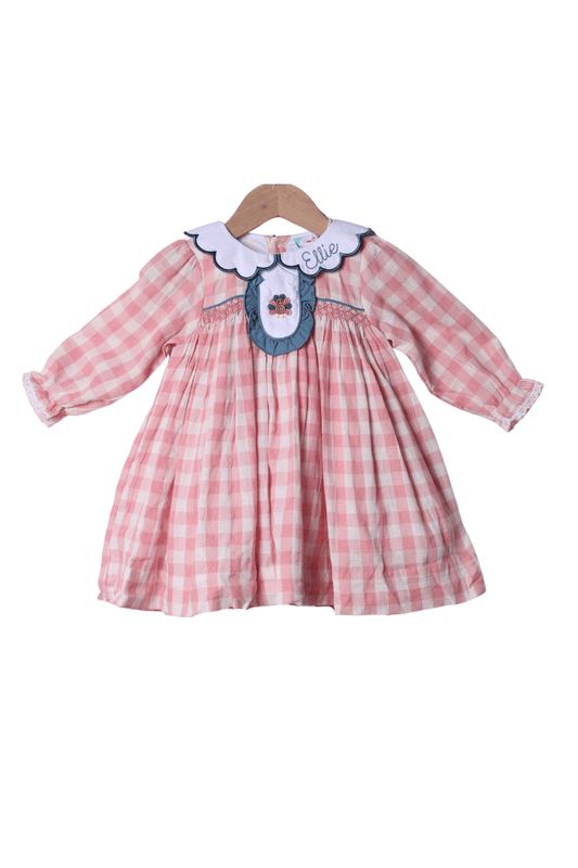 The Smocked Flamingo Apparel & Accessories Pre-Order Smocked Bullion Turkey Pink Linen Gingham Ruffle Dress