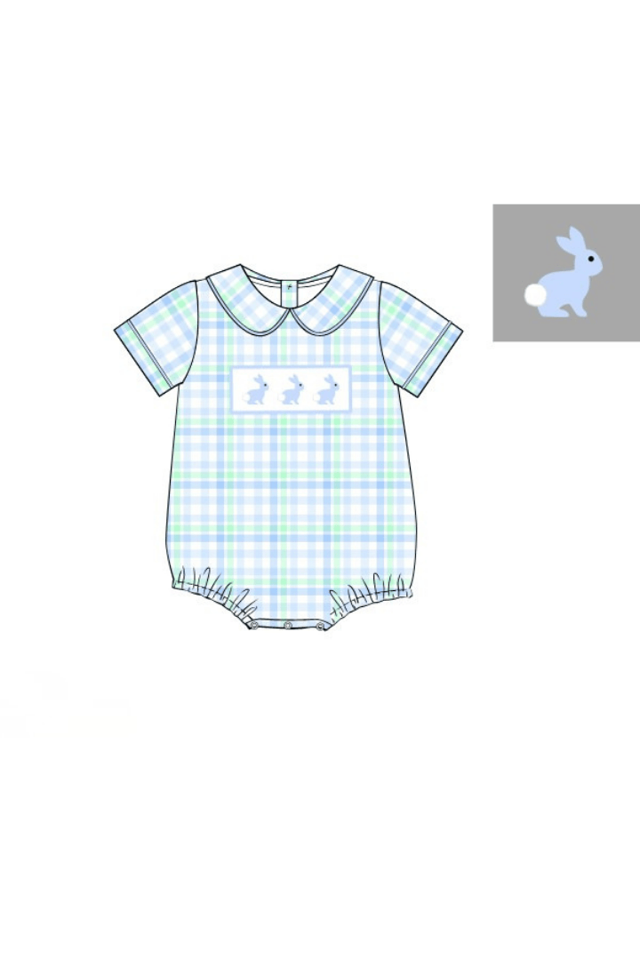 The Smocked Flamingo Apparel & Accessories Pre-Order Smocked Bunny Blue and Green Plaid Bubble